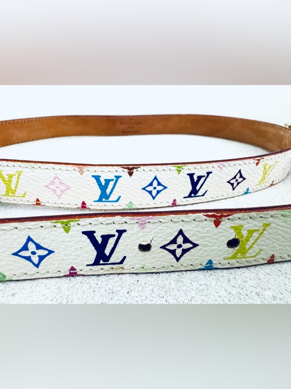 LOUIS VUITTON Murakami Multicolore White Belt Size 80/32 Unisex Gold Buckle - Picture 11 of 12